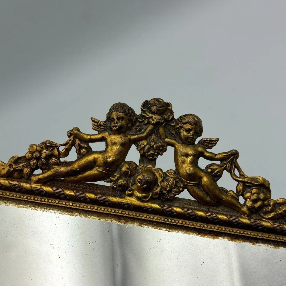 Vintage Ornate Gold Mirrored Vanity Tray Cherub Handles Rectangular 13.5in